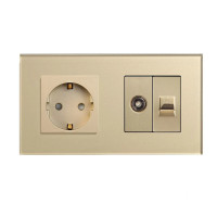 Розетка LUXION силова + інтернет (RJ-45) + ТВ, золота, настінна дизайнерська, скляна рамка