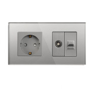 Розетка LUXION силова + інтернет (RJ-45) + ТВ, сіра, настінна дизайнерська, скляна рамка
