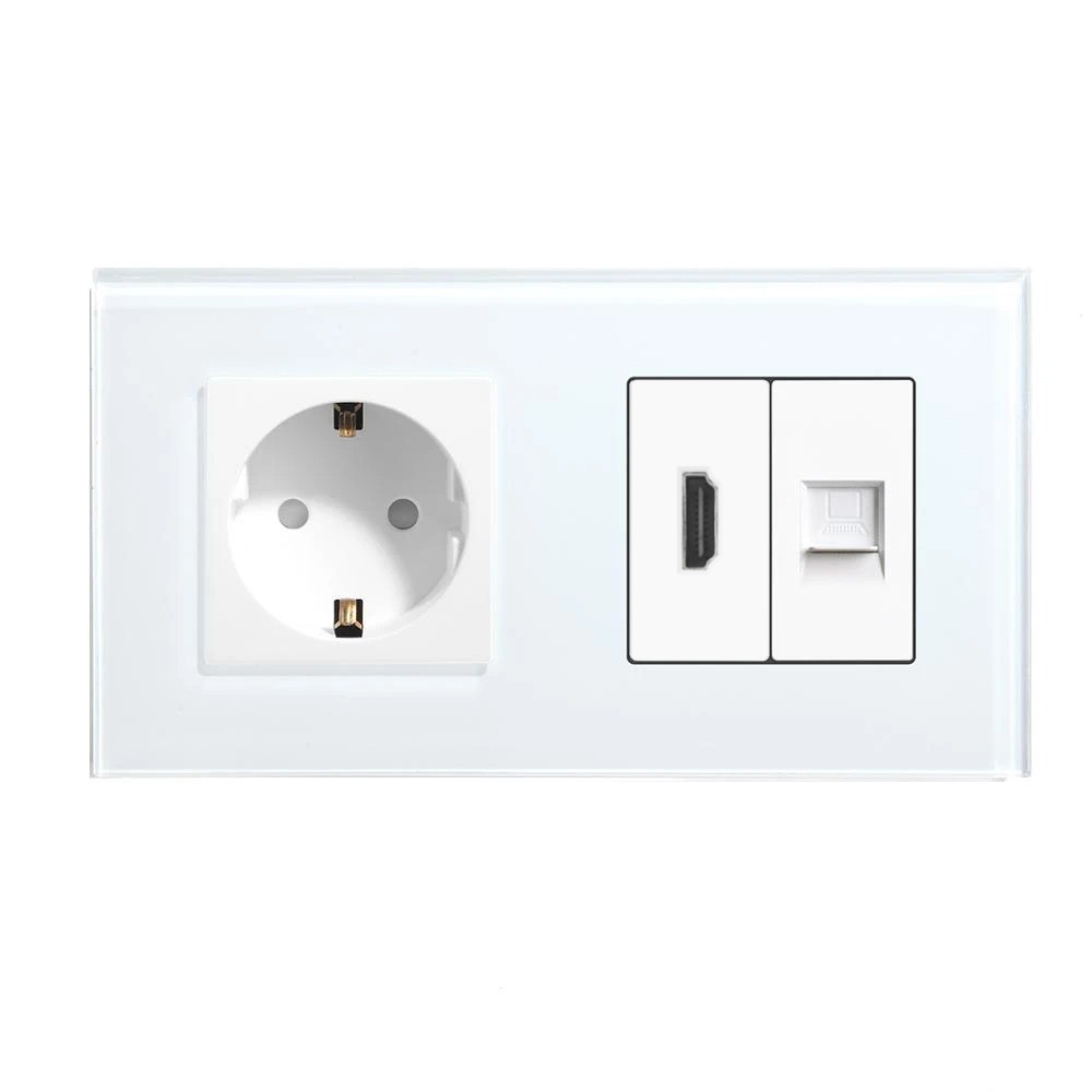 Розетка LUXION з HDMI і інтернет портом RJ-45, біла, настінна дизайнерська, скляна рамка