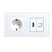 Розетка LUXION з HDMI і інтернет портом RJ-45, біла, настінна дизайнерська, скляна рамка