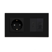 Розетка LUXION з HDMI і інтернет портом RJ-45, чорна, настінна дизайнерська, скляна рамка