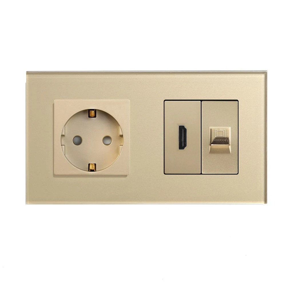 Розетка LUXION з HDMI і інтернет портом RJ-45, золота, настінна дизайнерська, скляна рамка