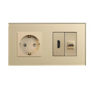 Розетка LUXION з HDMI і інтернет портом RJ-45, золота, настінна дизайнерська, скляна рамка