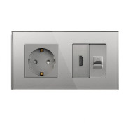 Розетка LUXION з HDMI і інтернет портом RJ-45, сіра, настінна дизайнерська, скляна рамка