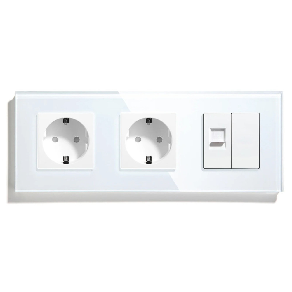 Розетка тримісна LUXION Силова + Інтернет RJ-45, біла, настінна, скляна рамка