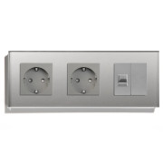 Розетка тримісна LUXION Силова + Інтернет RJ-45, сіра, настінна, скляна рамка
