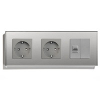 Розетка тримісна LUXION Силова + Інтернет RJ-45, сіра, настінна, скляна рамка