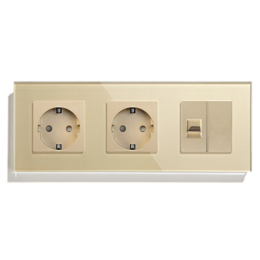 Розетка тримісна LUXION Силова + Інтернет RJ-45, золота, настінна, скляна рамка
