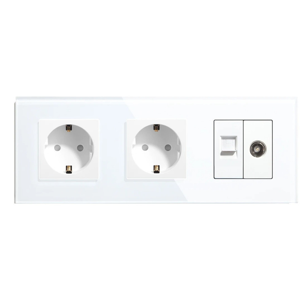 Розетка тримісна LUXION Силова + Інтернет RJ-45 + ТБ, біла, настінна, скляна рамка