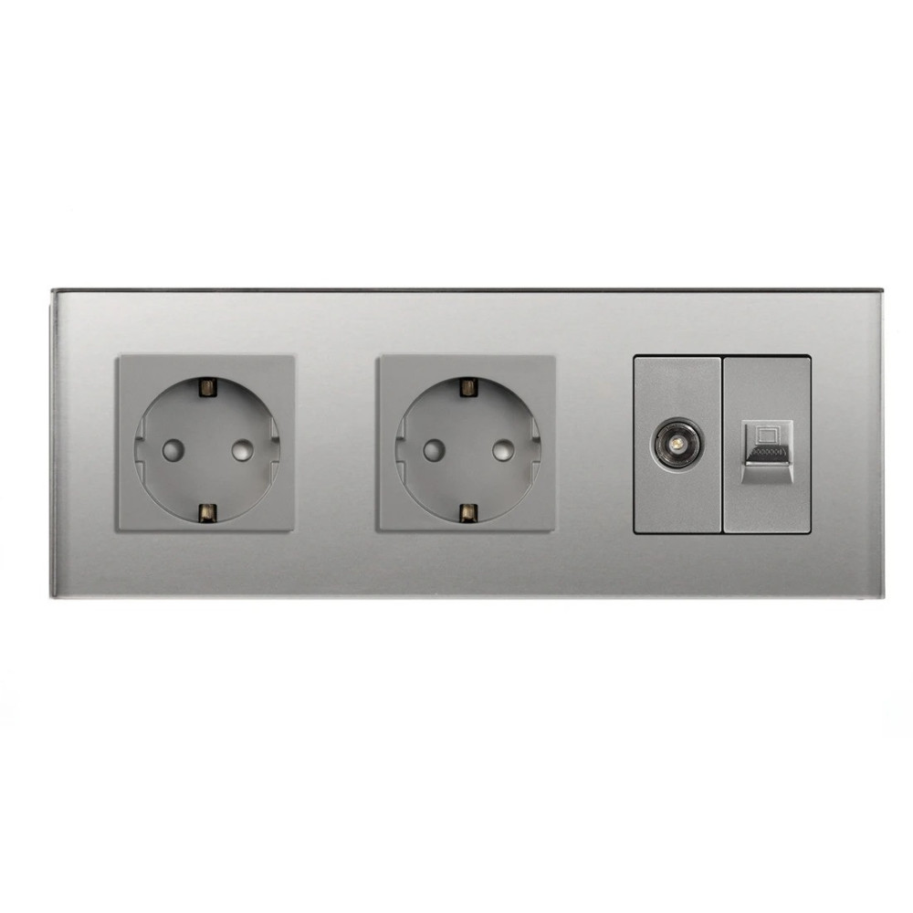 Розетка тримісна LUXION Силова + Інтернет RJ-45 + ТБ, сіра, настінна, скляна рамка