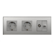 Розетка тримісна LUXION Силова + Інтернет RJ-45 + ТБ, сіра, настінна, скляна рамка