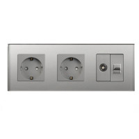Розетка тримісна LUXION Силова + Інтернет RJ-45 + ТБ, сіра, настінна, скляна рамка