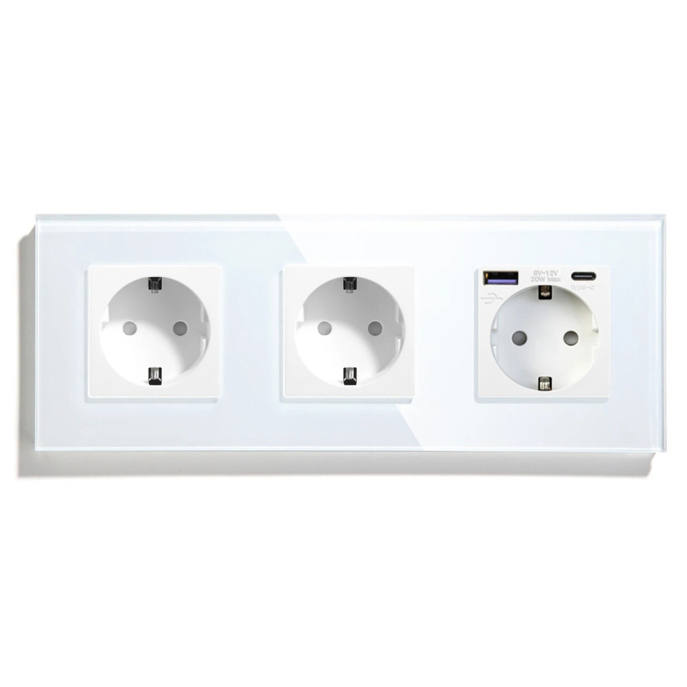 Розетка LUXION з USB A+C 20Вт, із заземленням, шторки, біла, скляна рамка, 250В 16А