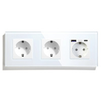 Розетка LUXION з USB A+C 20Вт, із заземленням, шторки, біла, скляна рамка, 250В 16А