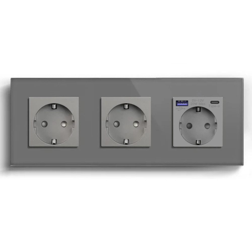 Розетка LUXION з USB A+C 20Вт, із заземленням, шторки, сіра, скляна рамка, 250В 16А