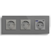 Розетка LUXION з USB A+C 20Вт, із заземленням, шторки, сіра, скляна рамка, 250В 16А