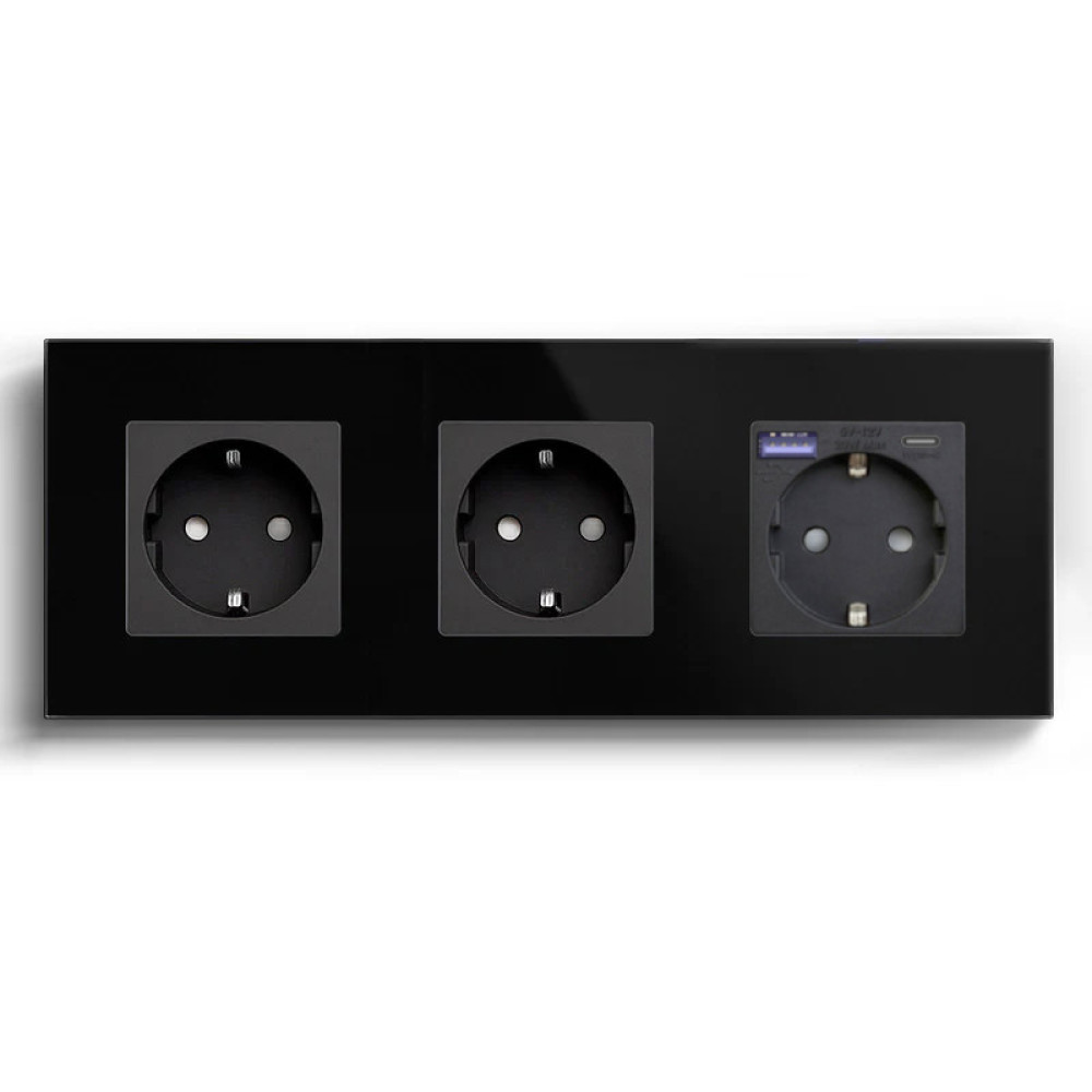 Розетка LUXION з USB A+C 20Вт, із заземленням, шторки, чорна, скляна рамка, 250В 16А