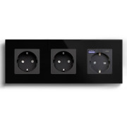 Розетка LUXION з USB A+C 20Вт, із заземленням, шторки, чорна, скляна рамка, 250В 16А