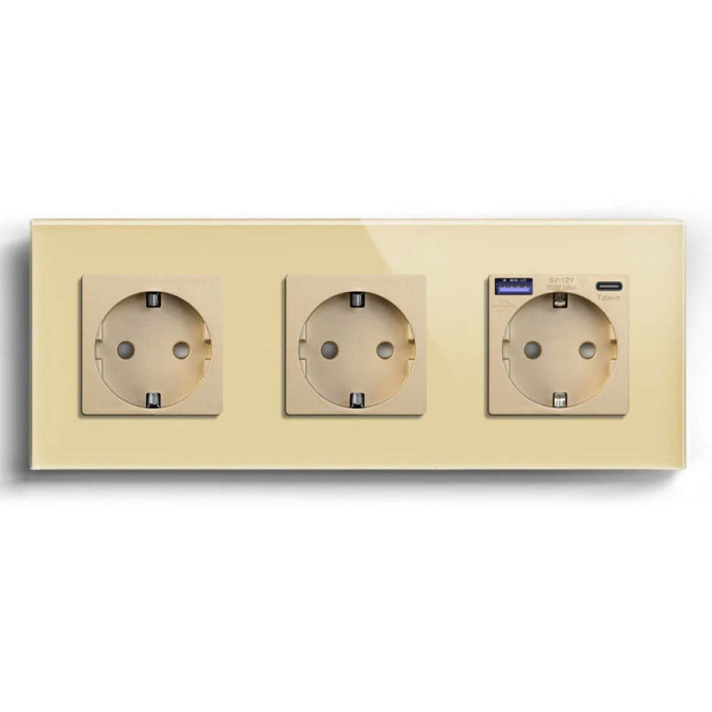 Розетка LUXION з USB A+C 20Вт, із заземленням, шторки, золота, скляна рамка, 250В 16А