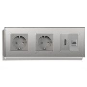 Розетка LUXION з HDMI і Інтернет RJ-45, сіра, настінна, скляна рамка