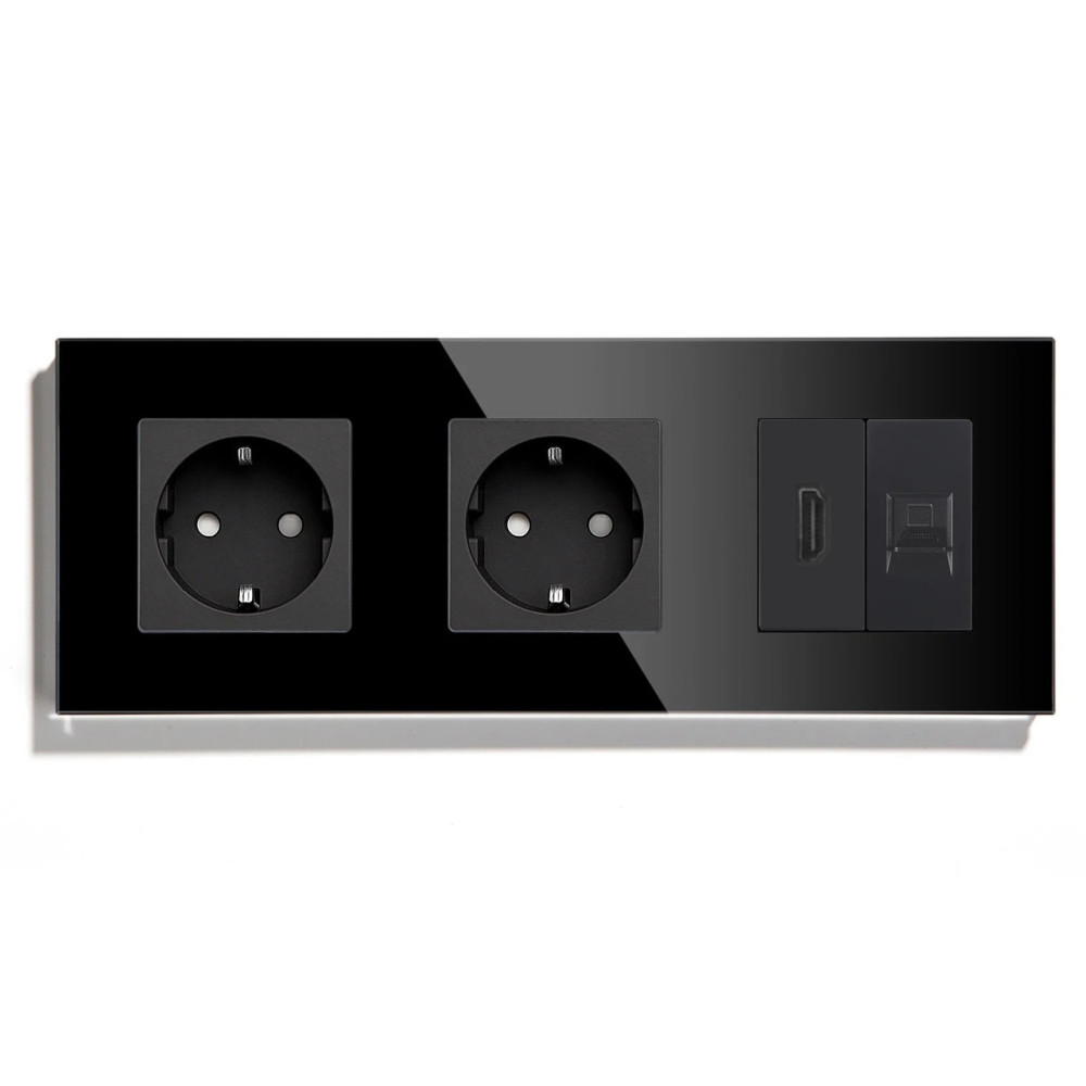 Розетка LUXION з HDMI і Інтернет RJ-45, чорна, настінна, скляна рамка