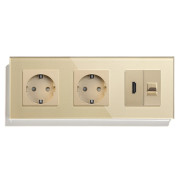 Розетка LUXION з HDMI і Інтернет RJ-45, золота, настінна, скляна рамка