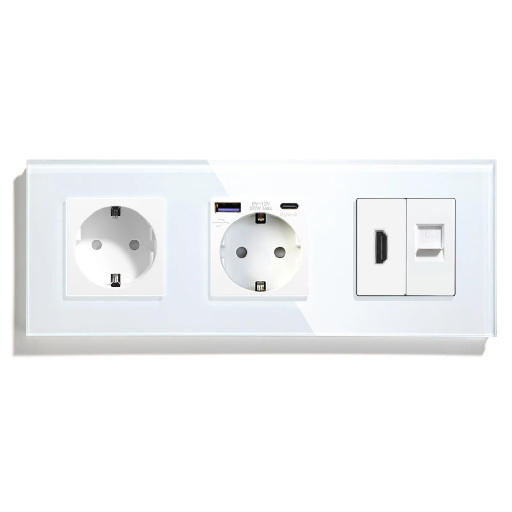 Розетка LUXION з USB 20Вт, HDMI і Інтернет RJ-45, із заземленням, шторки, біла, скляна рамка, 250В 16А