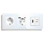 Розетка LUXION з USB 20Вт, HDMI і Інтернет RJ-45, із заземленням, шторки, біла, скляна рамка, 250В 16А