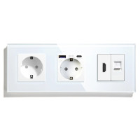 Розетка LUXION з USB 20Вт, HDMI і Інтернет RJ-45, із заземленням, шторки, біла, скляна рамка, 250В 16А