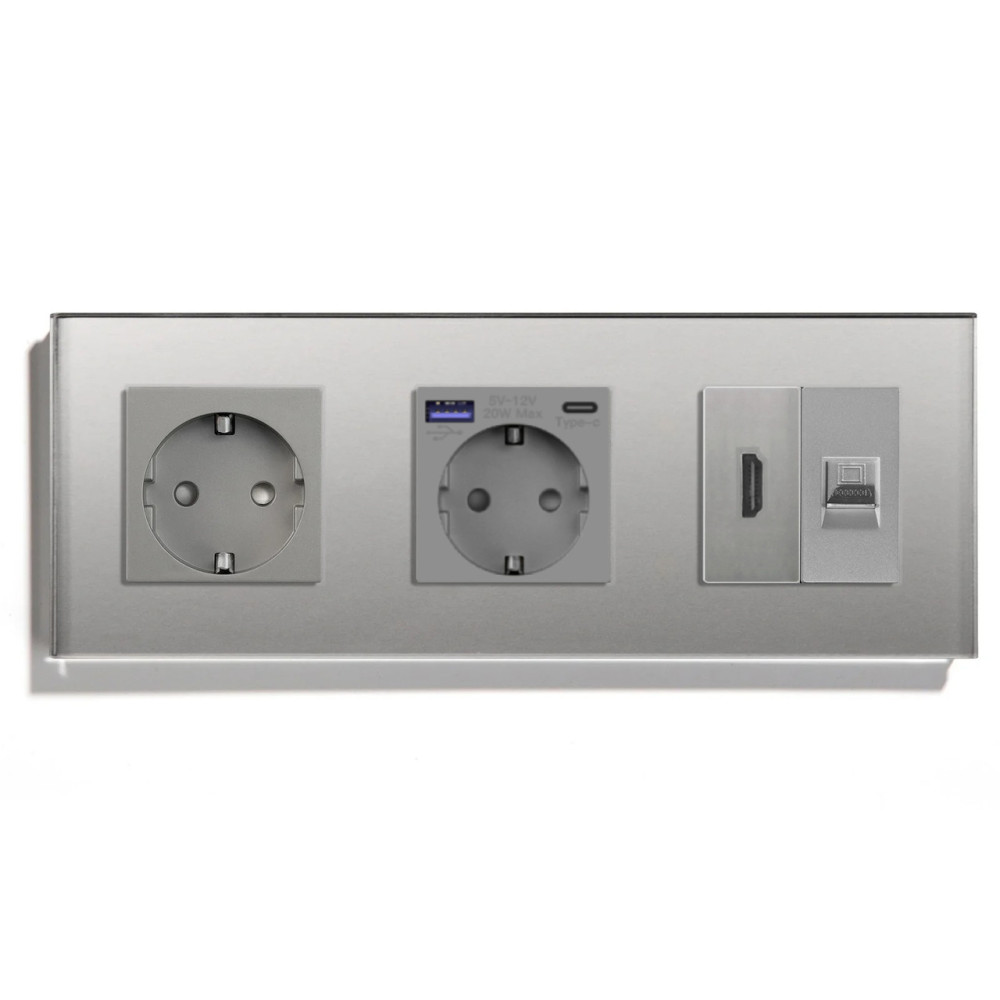 Розетка LUXION з USB 20Вт, HDMI і Інтернет RJ-45, із заземленням, шторки, сіра, скляна рамка, 250В 16А