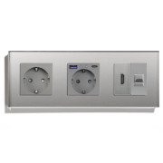Розетка LUXION з USB 20Вт, HDMI і Інтернет RJ-45, із заземленням, шторки, сіра, скляна рамка, 250В 16А