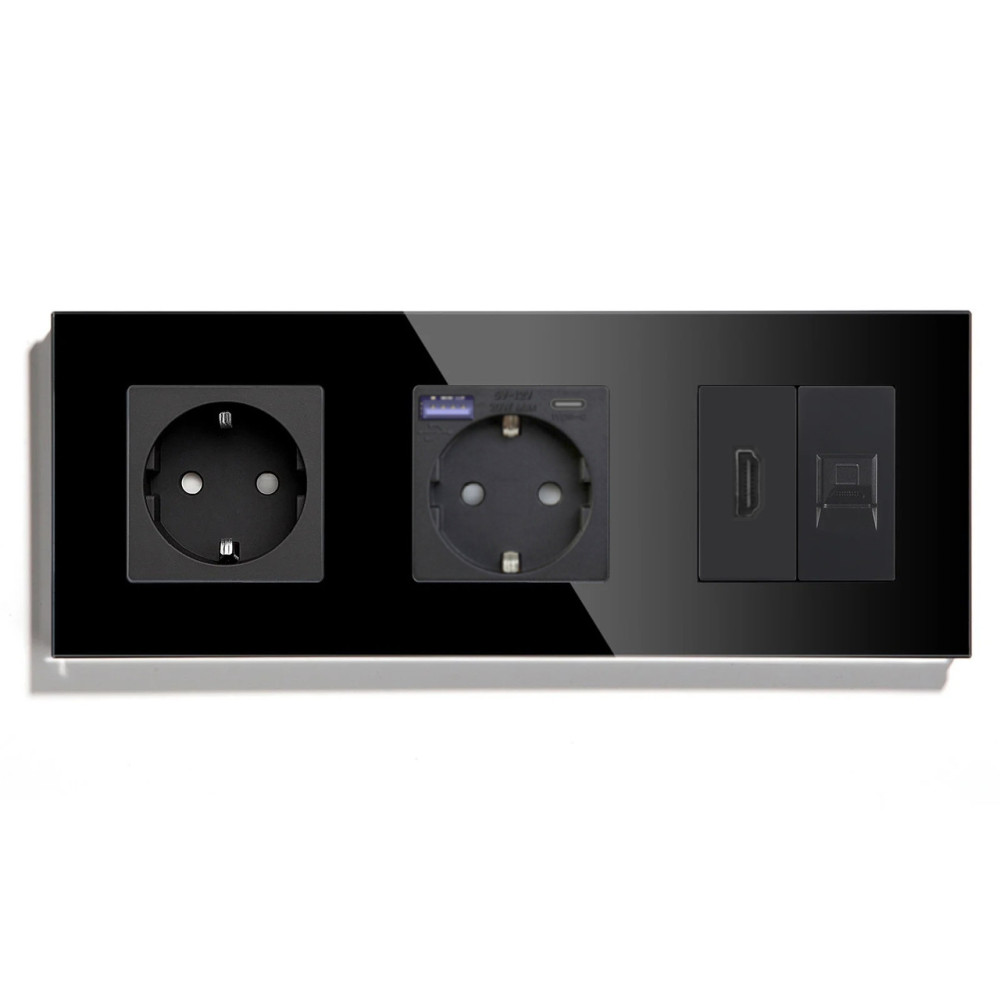 Розетка LUXION з USB 20Вт, HDMI і Інтернет RJ-45, із заземленням, шторки, чорна, скляна рамка, 250В 16А