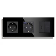 Розетка LUXION з USB 20Вт, HDMI і Інтернет RJ-45, із заземленням, шторки, чорна, скляна рамка, 250В 16А