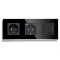 Розетка LUXION з USB 20Вт, HDMI і Інтернет RJ-45, із заземленням, шторки, чорна, скляна рамка, 250В 16А