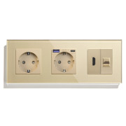 Розетка LUXION з USB 20Вт, HDMI і Інтернет RJ-45, із заземленням, шторки, золота, скляна рамка, 250В 16А