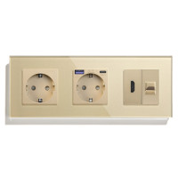 Розетка LUXION з USB 20Вт, HDMI і Інтернет RJ-45, із заземленням, шторки, золота, скляна рамка, 250В 16А