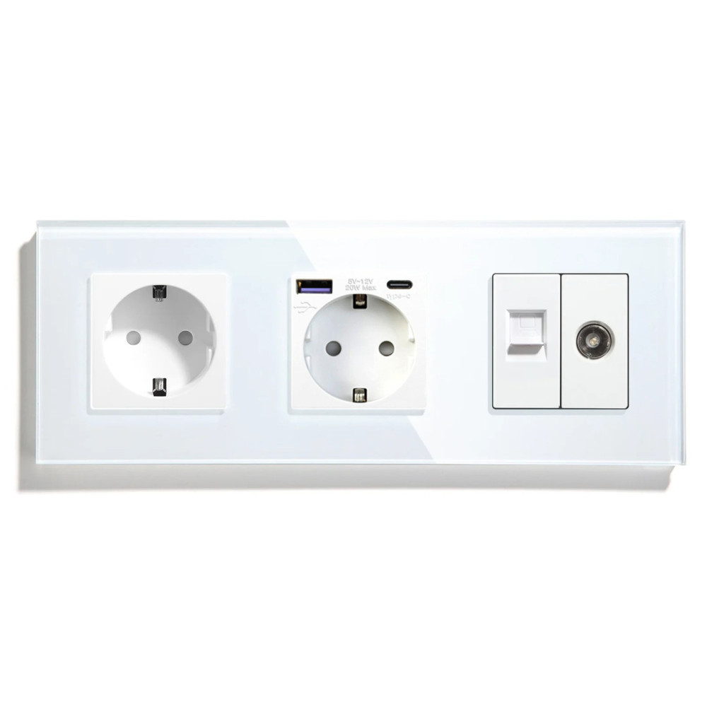 Розетка LUXION з USB 20Вт, Інтернет RJ-45 і ТВ виходом, із заземленням, шторки, біла, скляна рамка, 250В 16А