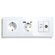 Розетка LUXION з USB 20Вт, Інтернет RJ-45 і ТВ виходом, із заземленням, шторки, біла, скляна рамка, 250В 16А