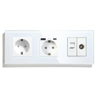 Розетка LUXION з USB 20Вт, Інтернет RJ-45 і ТВ виходом, із заземленням, шторки, біла, скляна рамка, 250В 16А