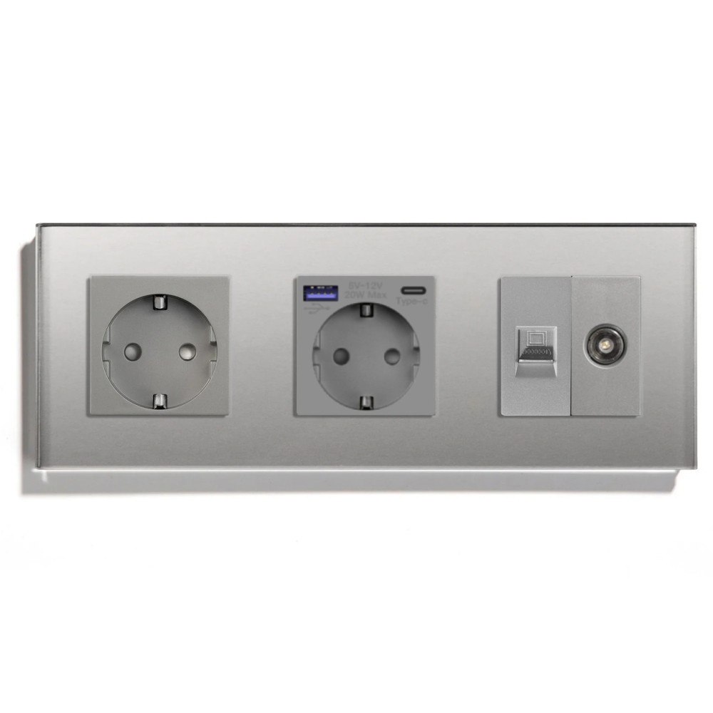 Розетка LUXION з USB 20Вт, Інтернет RJ-45 і ТВ виходом, із заземленням, шторки, сіра, скляна рамка, 250В 16А