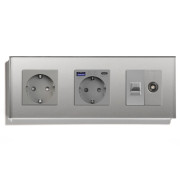 Розетка LUXION з USB 20Вт, Інтернет RJ-45 і ТВ виходом, із заземленням, шторки, сіра, скляна рамка, 250В 16А