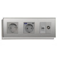Розетка LUXION з USB 20Вт, Інтернет RJ-45 і ТВ виходом, із заземленням, шторки, сіра, скляна рамка, 250В 16А