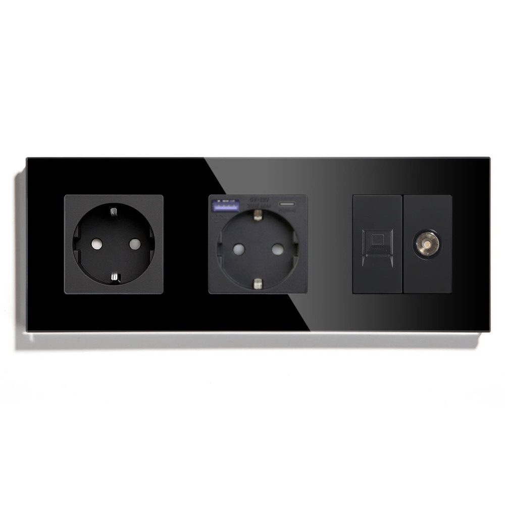 Розетка LUXION з USB 20Вт, Інтернет RJ-45 і ТВ виходом, із заземленням, шторки, чорна, скляна рамка, 250В 16А