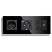 Розетка LUXION з USB 20Вт, Інтернет RJ-45 і ТВ виходом, із заземленням, шторки, чорна, скляна рамка, 250В 16А
