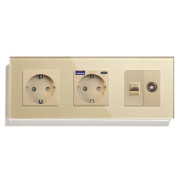 Розетка LUXION з USB 20Вт, Інтернет RJ-45 і ТВ виходом, із заземленням, шторки, золота, скляна рамка, 250В 16А