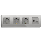 Розетка чотиримісна LUXION Силова + Інтернет RJ-45 + ТБ, сіра, настінна, скляна рамка