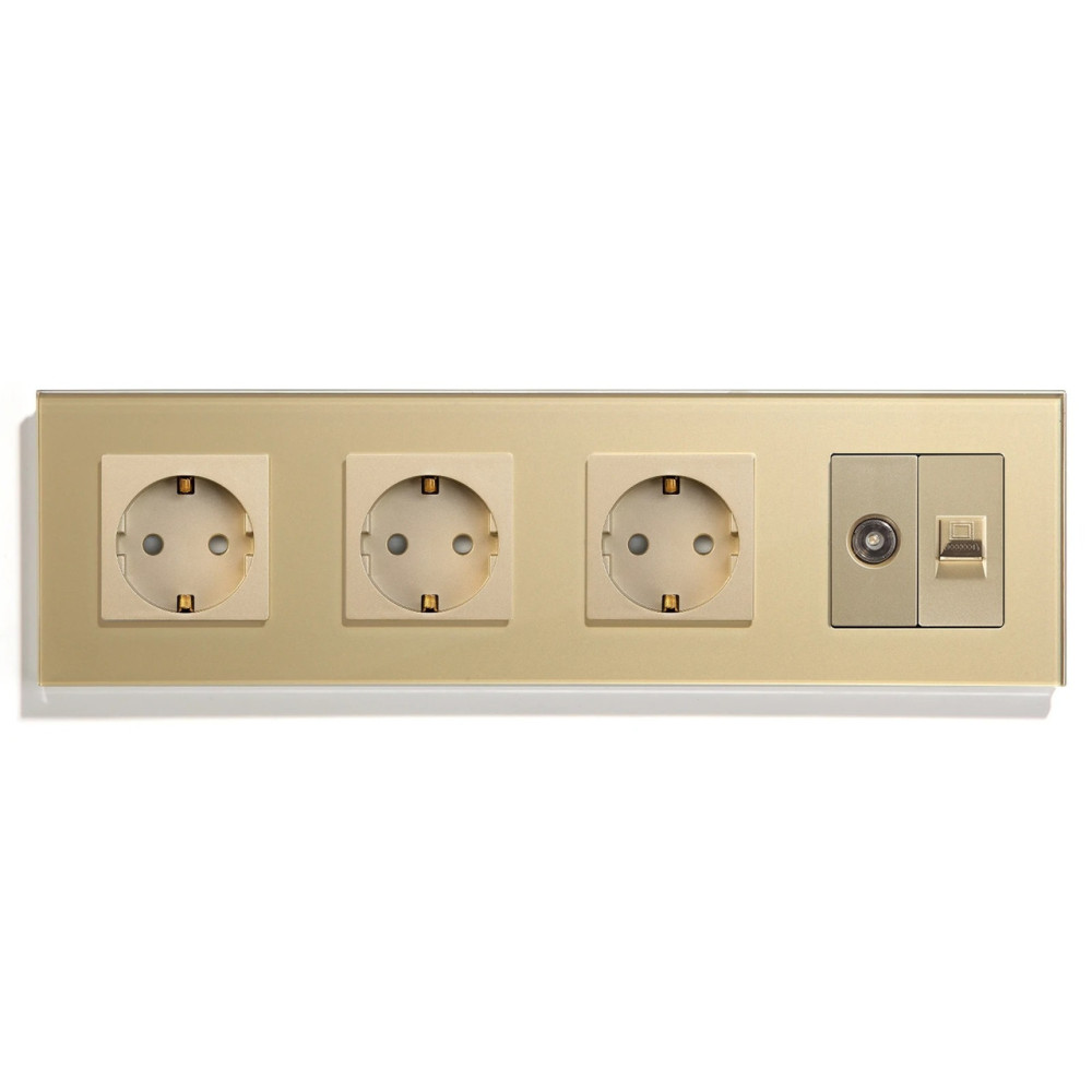 Розетка чотиримісна LUXION Силова + Інтернет RJ-45 + ТБ, золота, настінна, скляна рамка