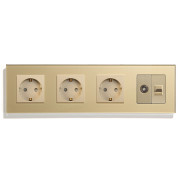 Розетка чотиримісна LUXION Силова + Інтернет RJ-45 + ТБ, золота, настінна, скляна рамка