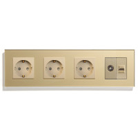 Розетка чотиримісна LUXION Силова + Інтернет RJ-45 + ТБ, золота, настінна, скляна рамка
