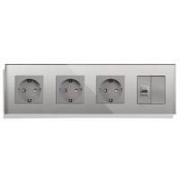 Розетка чотиримісна LUXION Силова + Інтернет RJ-45, сіра, настінна, скляна рамка